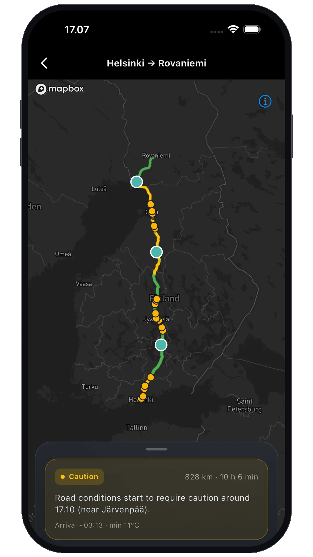 Nordplug app trip briefing map with charging stops