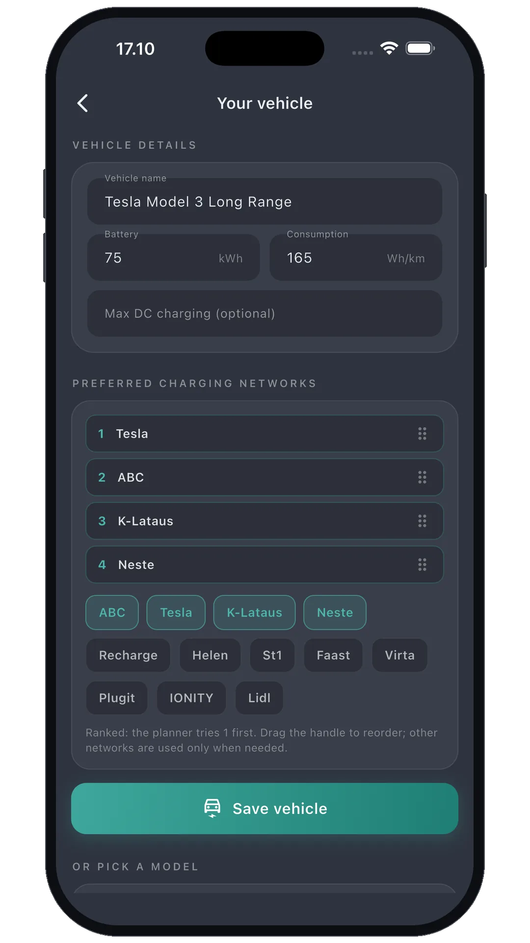 Nordplug app vehicle profile with ranked charging networks