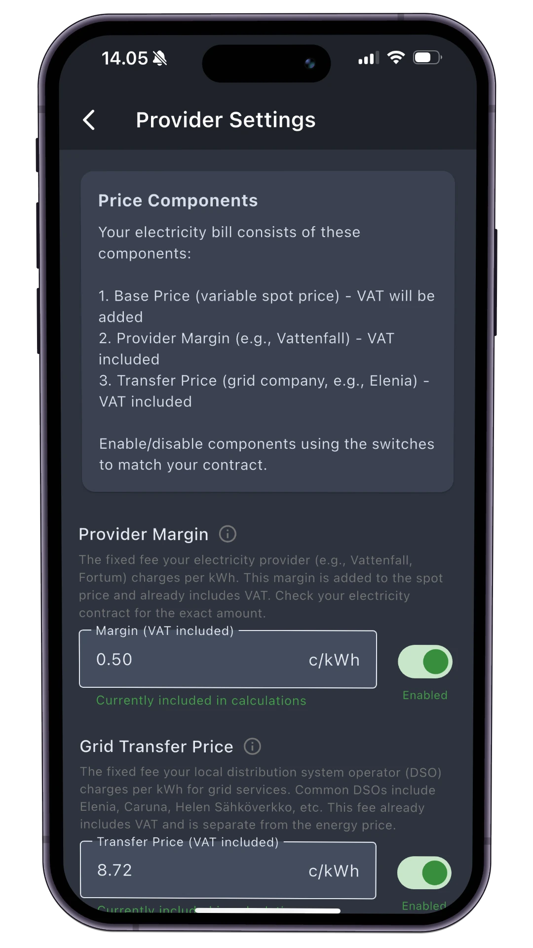 Nordplug Home Settings - Customize current price display preferences